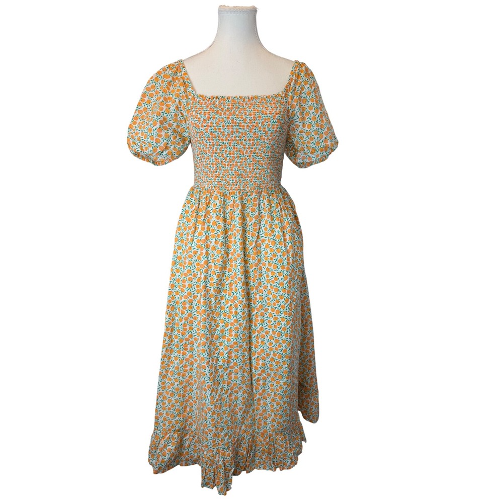 J. Crew Smocked Midi Dress Small Orange Peach Fruit Print Puff Sleeve Cottage